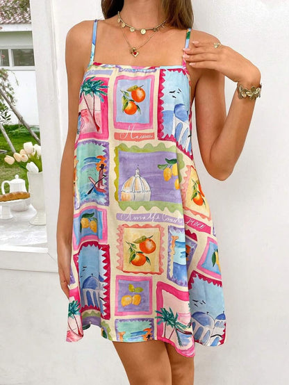 Boho Print Spaghetti Strap Loose A-line Mini Dress