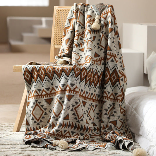 Boho Geometric Jacquard Pom Pom Knitted Throw Blanket | Ethnic Style Decorative Blanket
