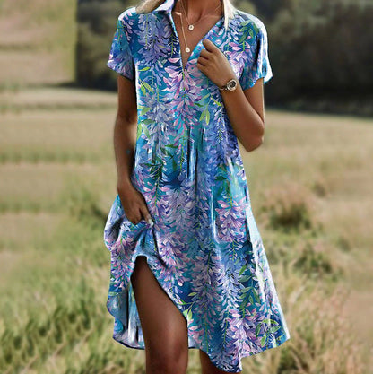 V-Neck Short Sleeve Pocket Slit Dress | Vacation Style Loose Print Midi Dress