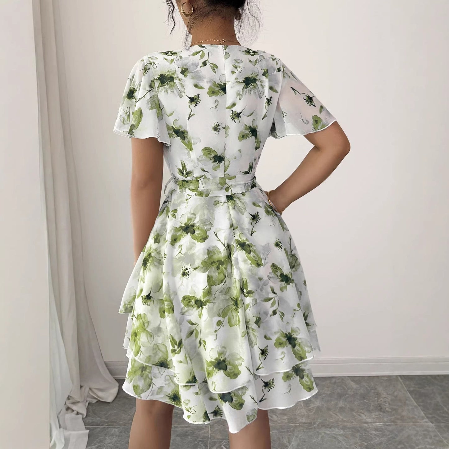 French Ink Flower V-Neck Tie Waist Double Ruffle Mini Dress | Elegant Waist-Cinching Slimming Tea Dress