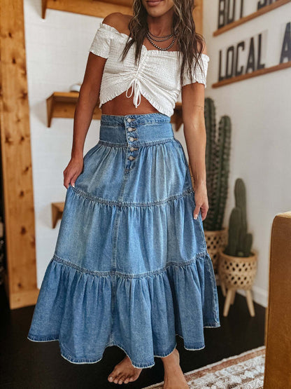 High Waist Buttoned Tiered Ruffle Denim Maxi Skirt | Vintage Loose A-Line Flowy Skirt