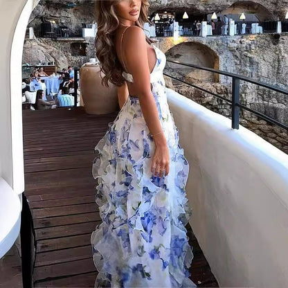 Sexy Women Clothing Spaghetti Straps Sleeveless Dress V-neck Flounce Slim Fit Long Dress