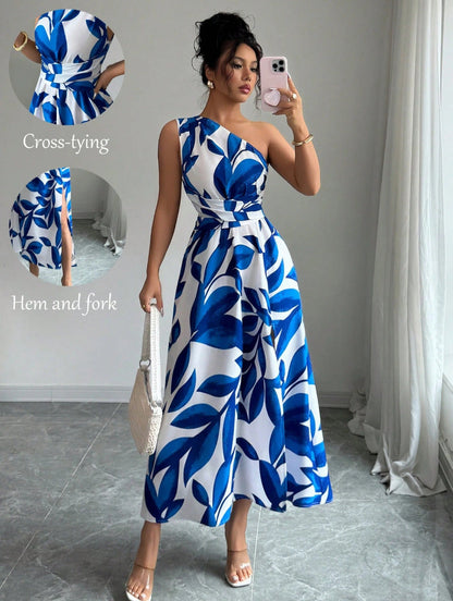 French One Shoulder Leaf Print Waist-Cinching Slit Maxi Dress | Vacation Style Elegant Slimming Tea Dress