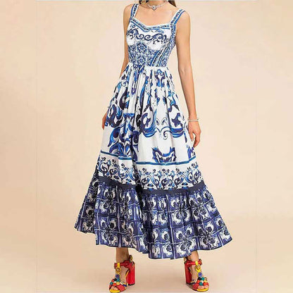 Sicilian Style Blue and White Porcelain Print Spaghetti Strap Maxi Dress | Vacation Style High Waist Tiered Dress