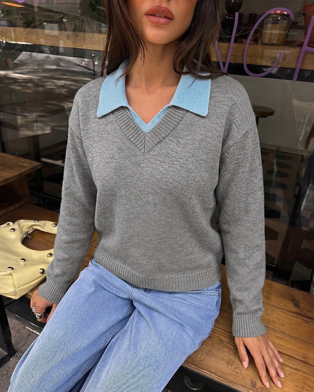 Two-Tone Polo Collar Faux Two-Piece Knit Sweater