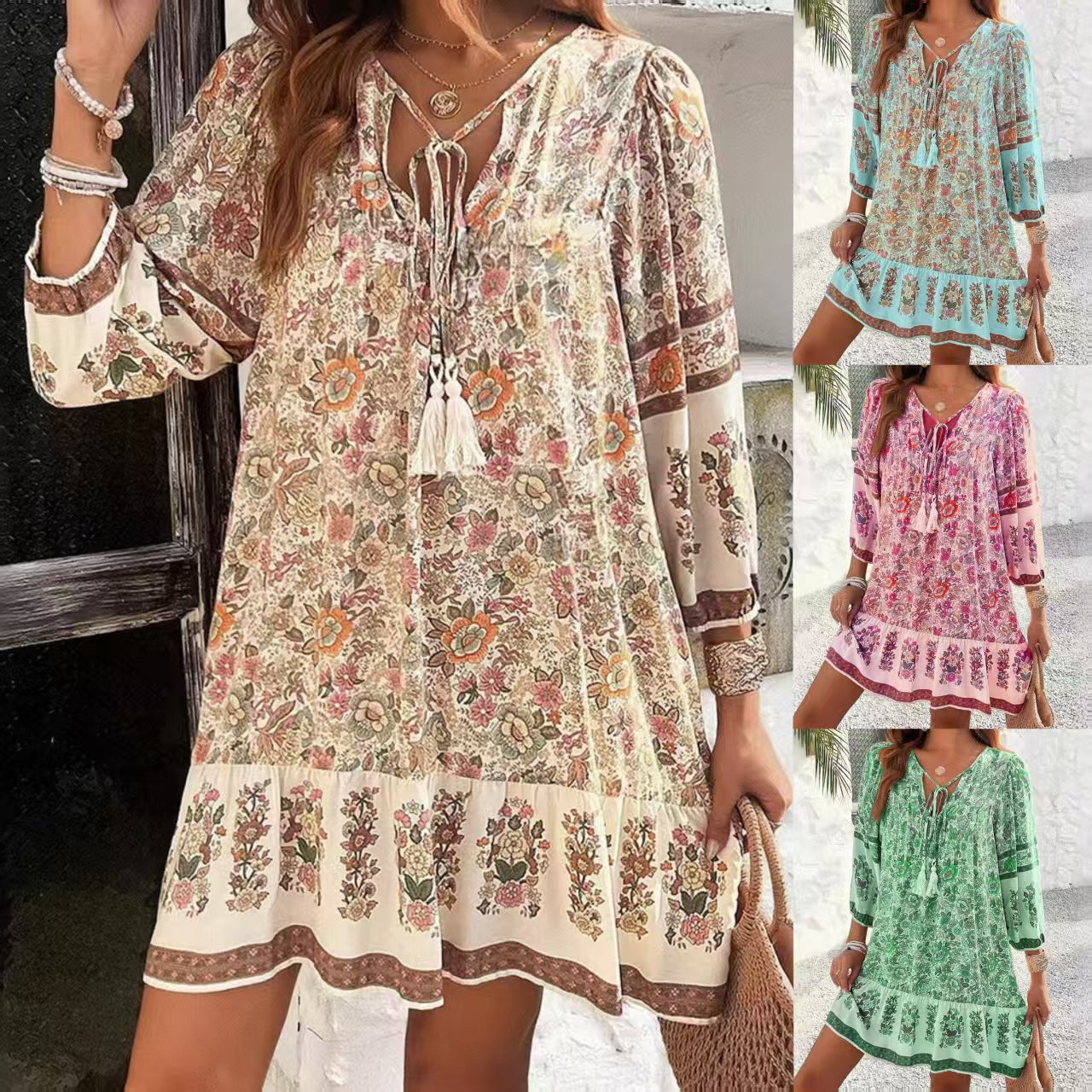 Boho Printed Tie-Neck Tassel Ruffle Mini Dress | Vacation Style Loose A-Line Dress