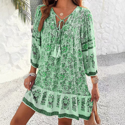 Boho Printed Tie-Neck Tassel Ruffle Mini Dress | Vacation Style Loose A-Line Dress