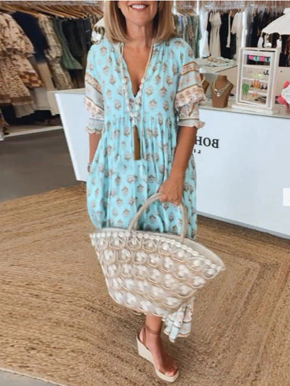 Mint Green Ethnic Printed Tie-Neck Ruffle Tiered Maxi Dress | Boho Vacation Loose Dress