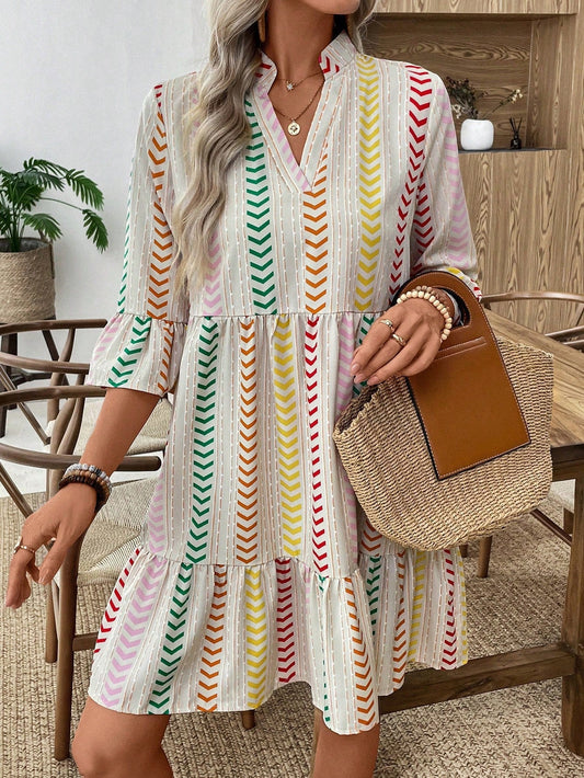 Boho Colorful Arrow Stripe V Neck Bell Sleeve Ruffle Hem Loose Dress
