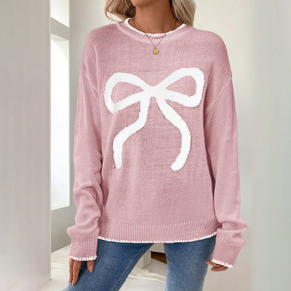 Red Bow Jacquard Crew Neck Oversized Knit Sweater