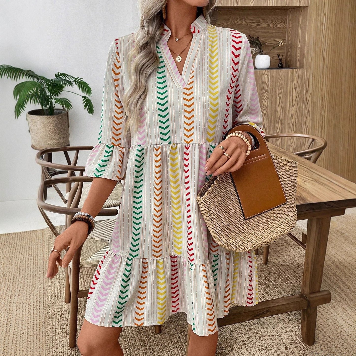 Boho Colorful Arrow Stripe V Neck Bell Sleeve Ruffle Hem Loose Dress