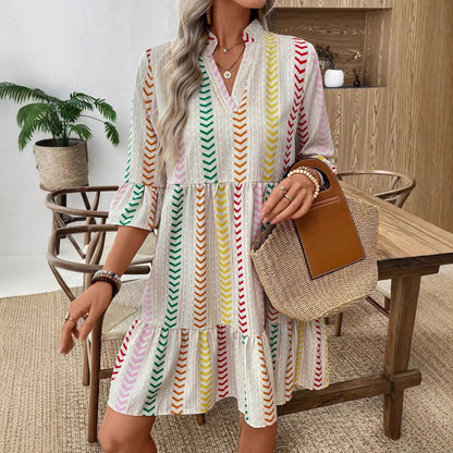 Boho Colorful Arrow Stripe V Neck Bell Sleeve Ruffle Hem Loose Dress