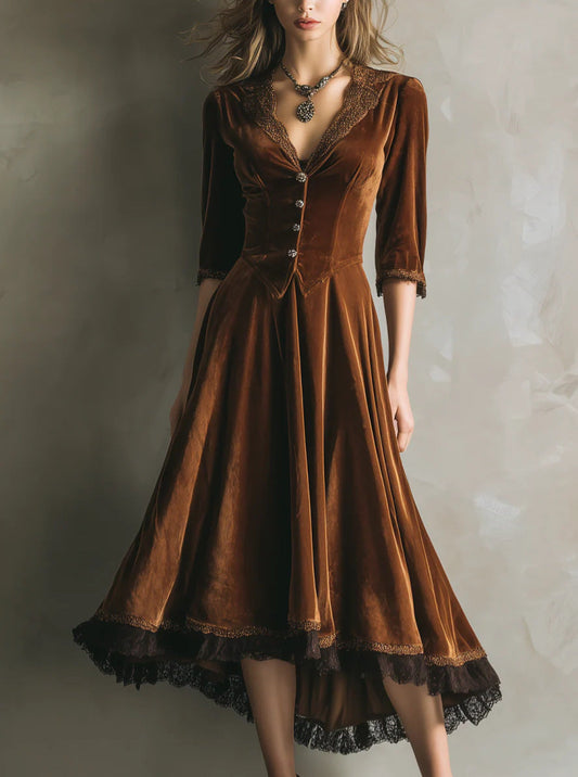 Vintage Western Style Velvet Lace Waist-Cinching Flare Midi Dress | Retro Elegant Slimming Dress