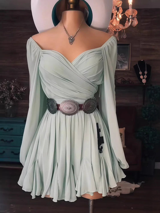 Vintage Western Style Off-the-Shoulder Cross Waist Ruffle Mini Dress | Y2K Slimming A-Line Dress