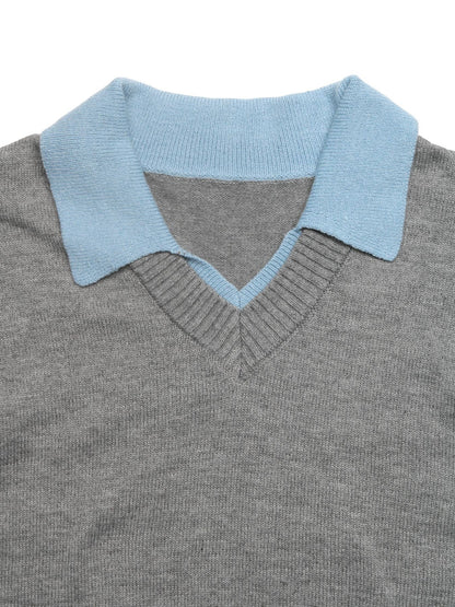 Two-Tone Polo Collar Faux Two-Piece Knit Sweater