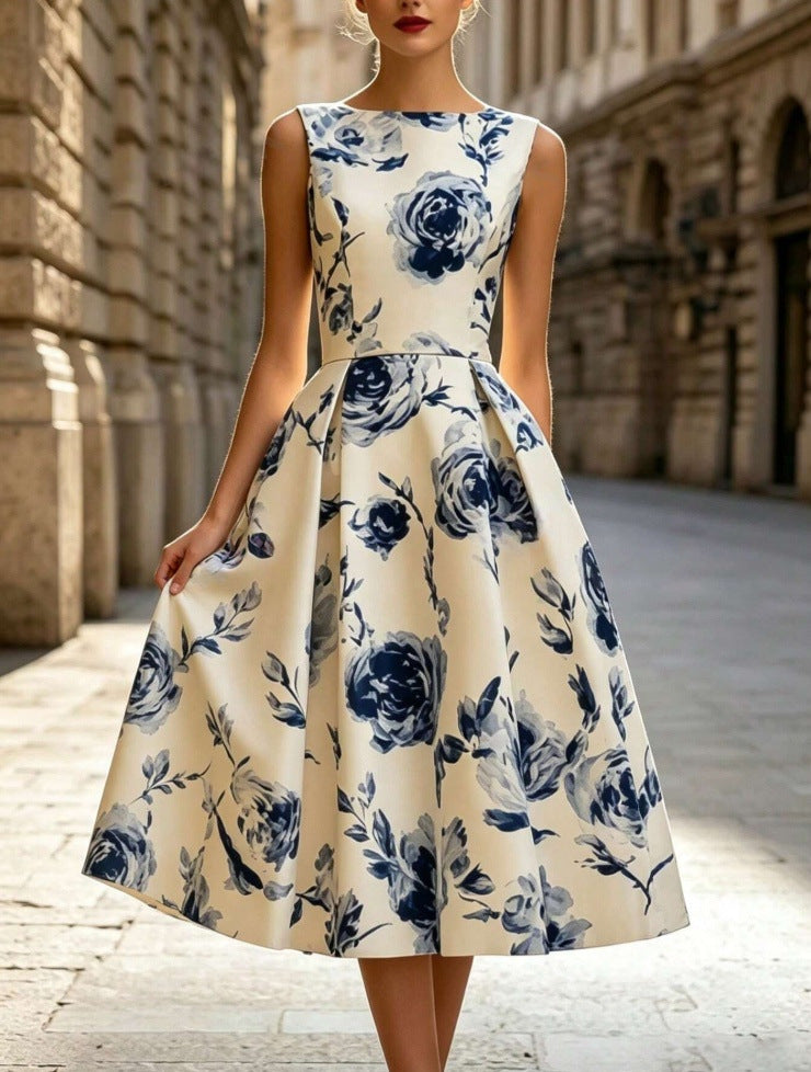 2026 Fashionable Floral Sleeveless Waist-Tight Elegant Sleeveless Midi Dress