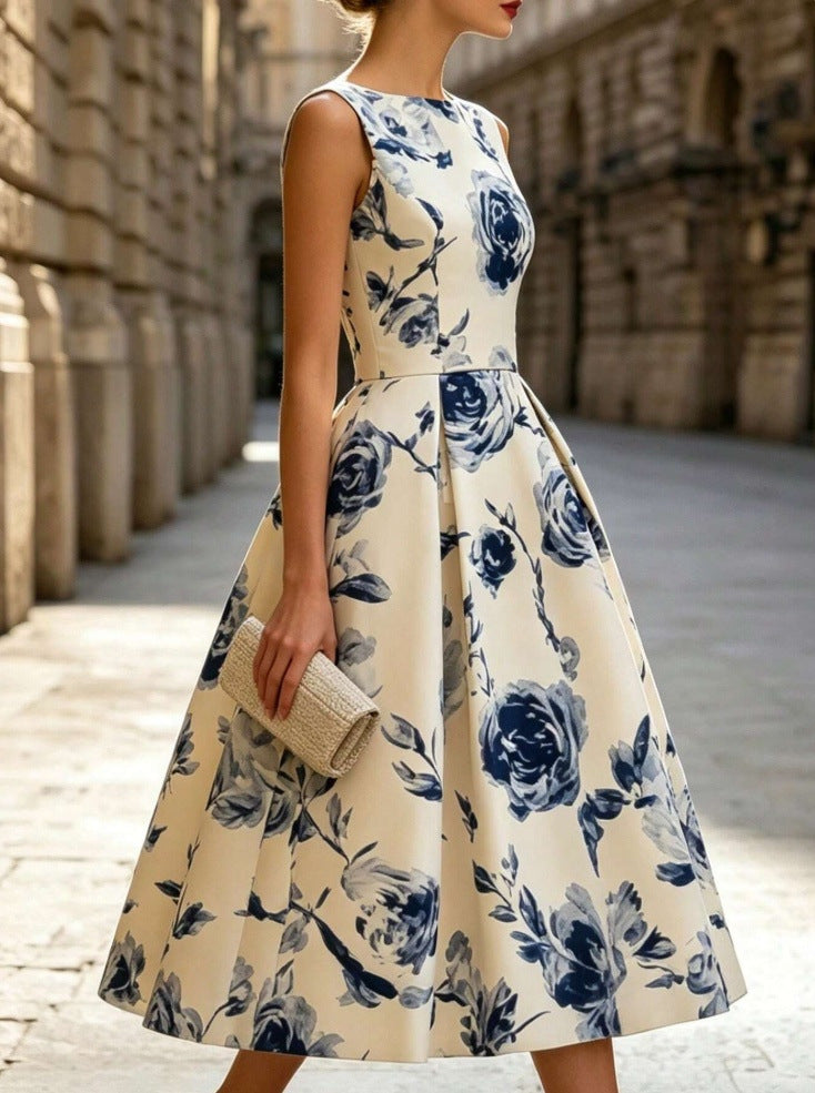 2026 Fashionable Floral Sleeveless Waist-Tight Elegant Sleeveless Midi Dress