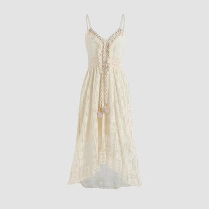 Boho White Lace V-Neck Cami Asymmetrical Maxi Dress | Vacation Style Elegant Waist-Cinching Slimming Dress