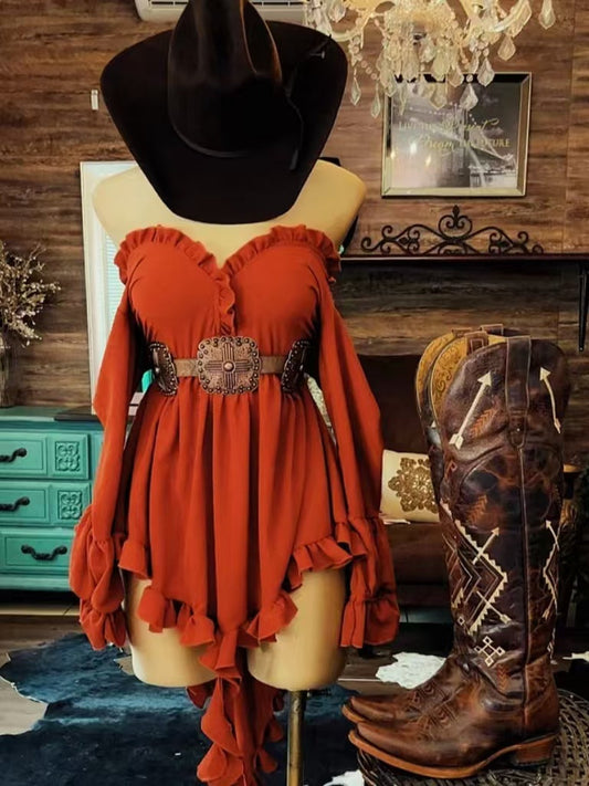 French Orange Red Halter Off Shoulder Ruffle Waist-Cinching Asymmetrical Mini Dress | Sweet Y2K Slimming A-Line Dress