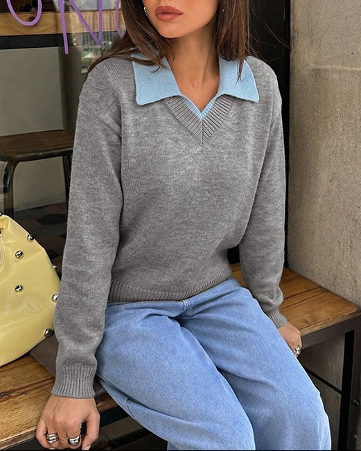 Two-Tone Polo Collar Faux Two-Piece Knit Sweater