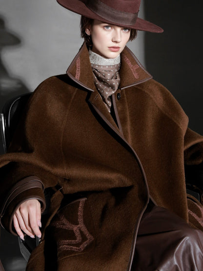 Chain Pattern Wool Coat for Women – Double-Faced Alpaca Wool Overcoat with Leather Trim, Chic Oversized Silhouette Winter Outerwear