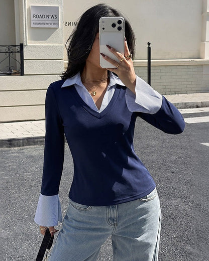 Striped Collar Faux Two-Piece Fitted Knit Top