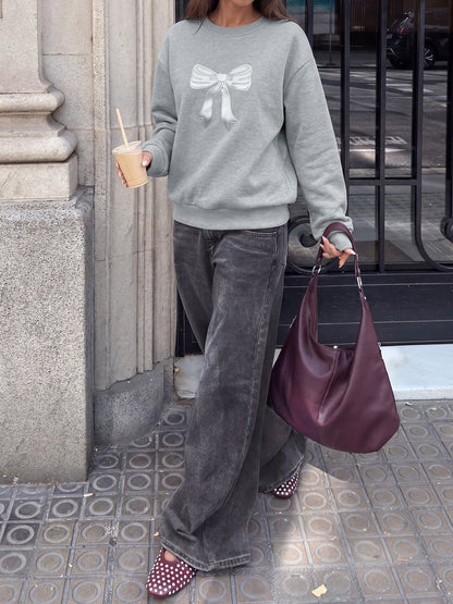 Bow Print Crew Neck Oversized Sweatshirt