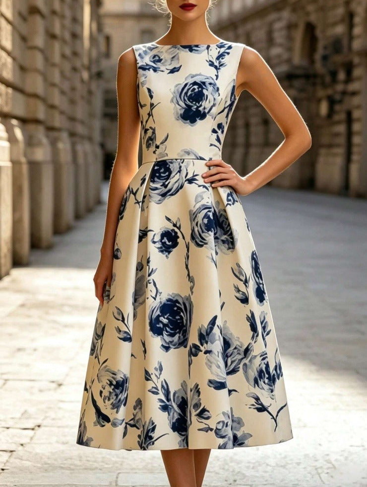 2026 Fashionable Floral Sleeveless Waist-Tight Elegant Sleeveless Midi Dress