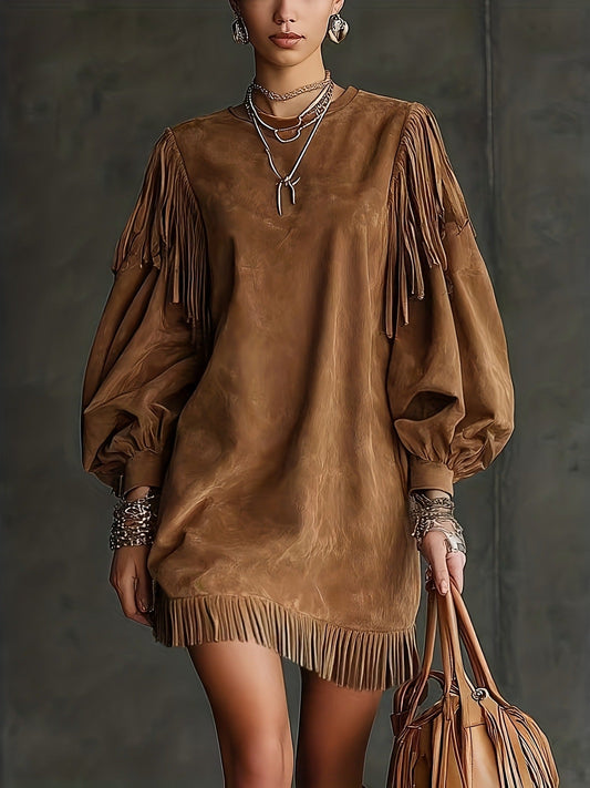 Vintage Western Style Suede Fringe Puff Sleeve Loose Mini Dress | Y2K Lazy Style A-Line Dress