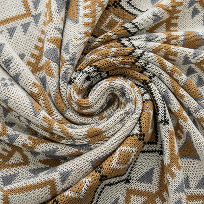 Boho Geometric Jacquard Pom Pom Knitted Throw Blanket | Ethnic Style Decorative Blanket