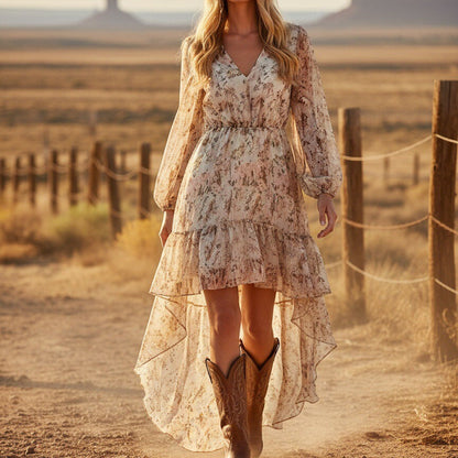 Bohemian Print V-Neck Smocked Waist High-Low Hem Long Sleeve Dress