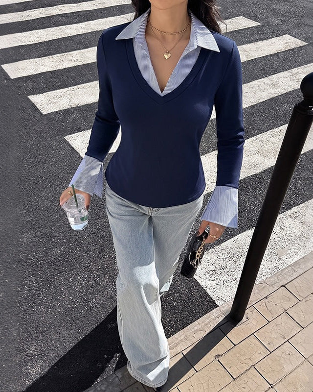 Striped Collar Faux Two-Piece Fitted Knit Top