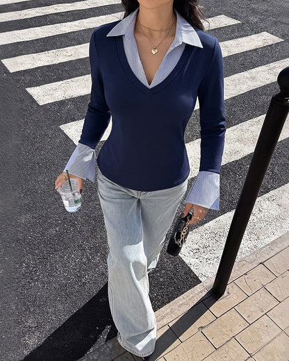 Striped Collar Faux Two-Piece Fitted Knit Top