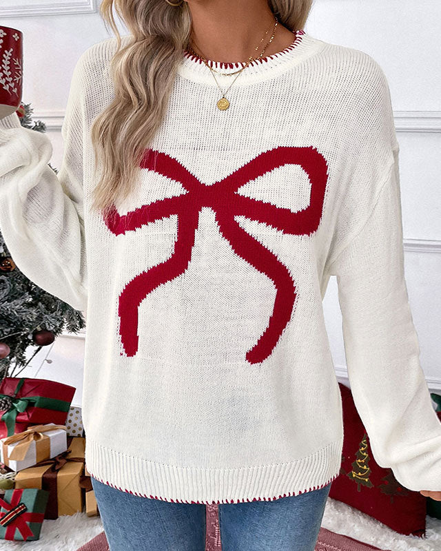 Red Bow Jacquard Crew Neck Oversized Knit Sweater