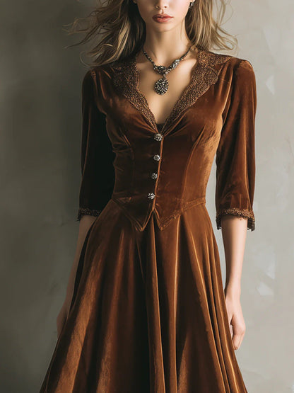 Vintage Western Style Velvet Lace Waist-Cinching Flare Midi Dress | Retro Elegant Slimming Dress