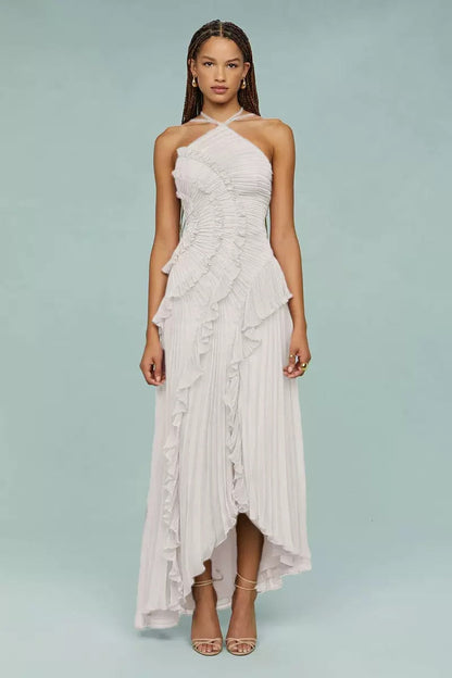Chiffon Dress Women's Ruffled Pleated Design Slimming Midi Dress