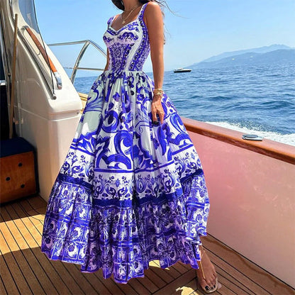 Sicilian Style Blue and White Porcelain Print Spaghetti Strap Maxi Dress | Vacation Style High Waist Tiered Dress