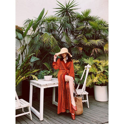 Boho Orange Polka Dot V-Neck Tie Waist Slit Maxi Dress | Vintage Ethnic Style Vacation Dress