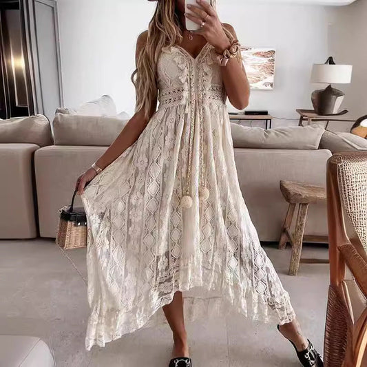 Boho White Lace V-Neck Cami Asymmetrical Maxi Dress | Vacation Style Elegant Waist-Cinching Slimming Dress