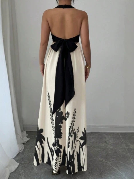Women's Summer Vacation Halter Backless Bow Bandage Contrast Color Large Swing Dress
