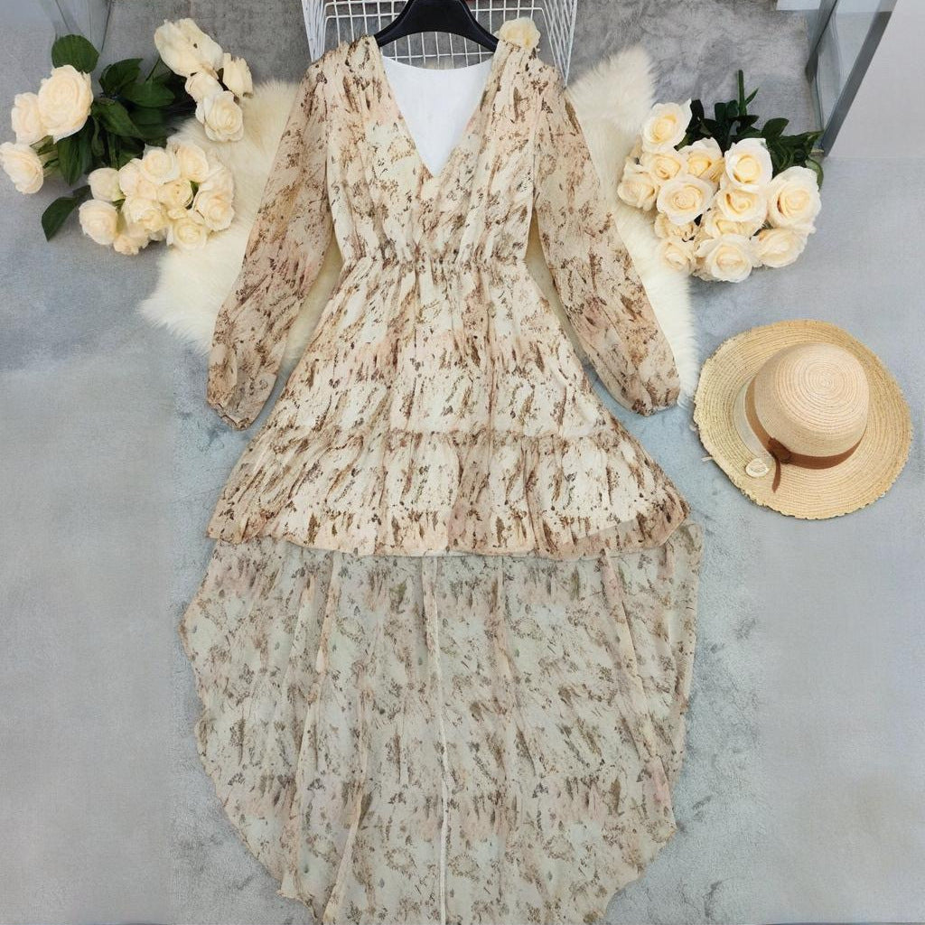 Bohemian Print V-Neck Smocked Waist High-Low Hem Long Sleeve Dress