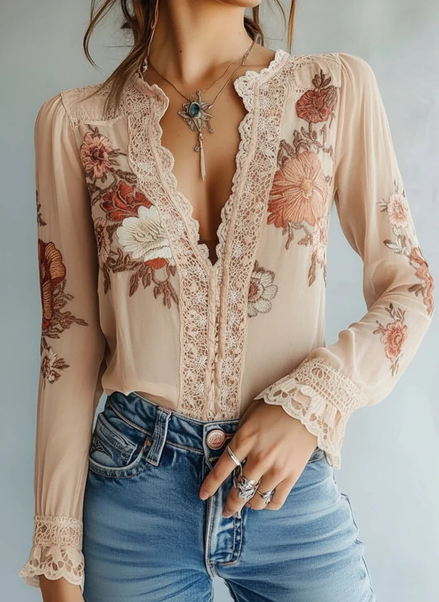 Bohemian Floral Printed Lace Blouse