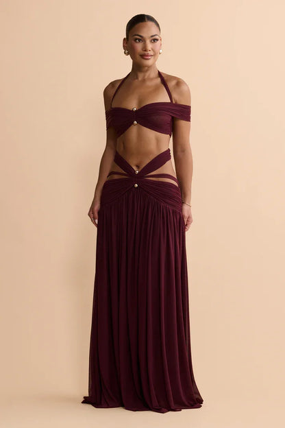 Y2K Halter Off-Shoulder Mesh Cut-Out Waist-Cinching Maxi Two-Piece Set | Sexy Backless Vacation Outfit