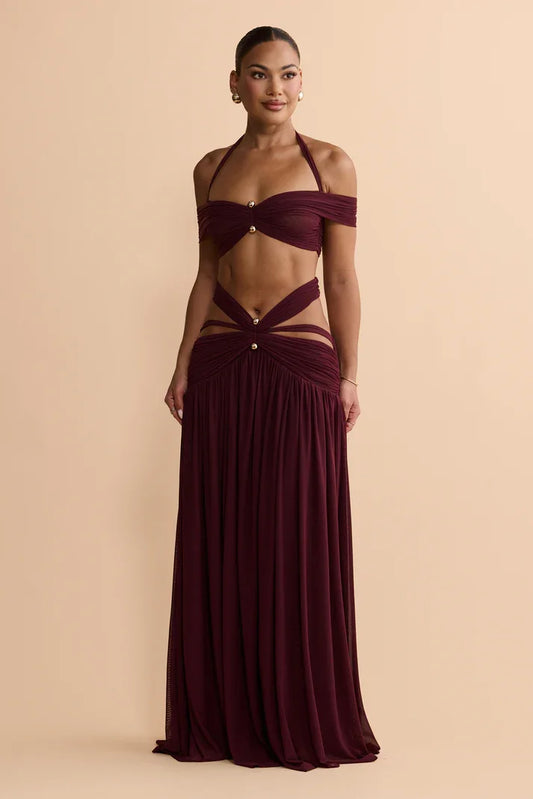 Y2K Halter Off-Shoulder Mesh Cut-Out Waist-Cinching Maxi Two-Piece Set | Sexy Backless Vacation Outfit