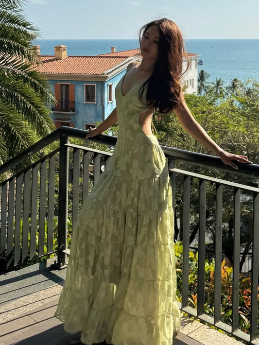 Light Green Jacquard Open-Back Tiered Maxi Dress Set