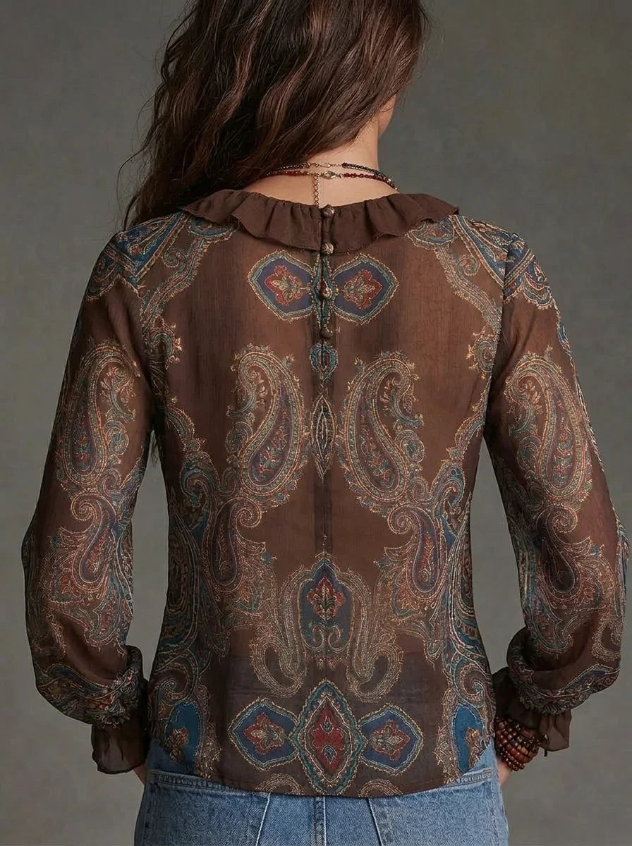 Brown Paisley Print Ruffle V-Neck Semi-Sheer Long Flare Sleeve Button-Back Chiffon Blouse