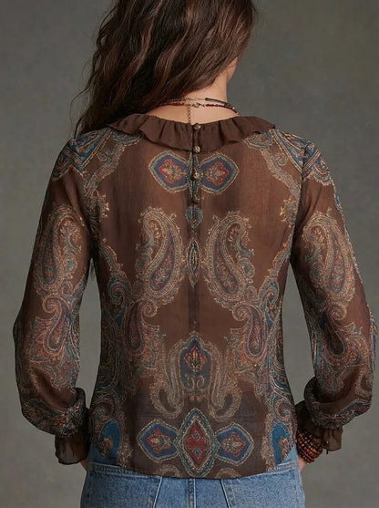 Brown Paisley Print Ruffle V-Neck Semi-Sheer Long Flare Sleeve Button-Back Chiffon Blouse