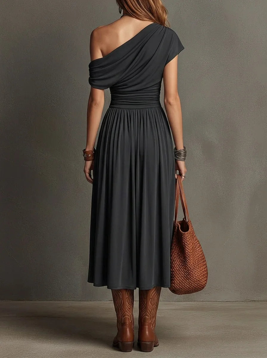 Black Draped One-Shoulder Ruched Waist Flowy A-Line Midi Dress