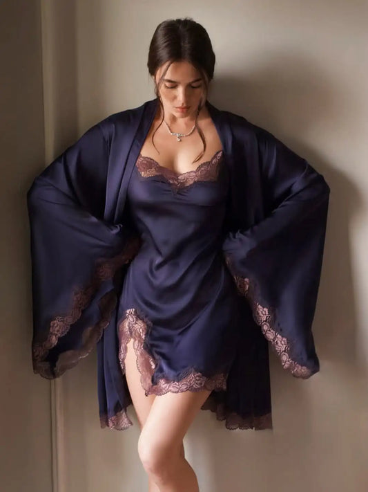 Satin Lace Trim Cami Nightgown & Robe Set