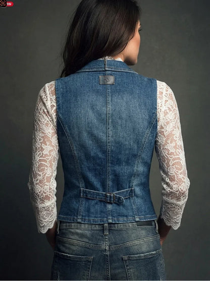 Lace-Trim Lapel Denim Sleeveless Adjustable Back Buckle Slim Cropped Jean Vest